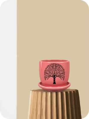 5" Pink Tree Ceramic Planter with Tray